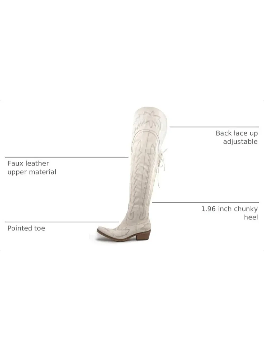 Women's White Pointed Toe Wide Calf Western Embroidered Over The Knee Boots